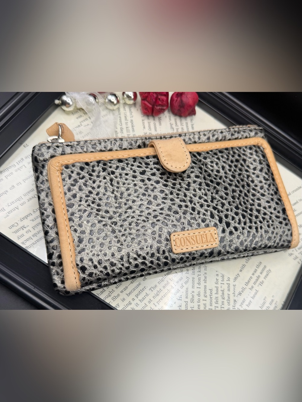Consuela Wesley Silver and Black Pebbled Leather Wallet with Tan Trim and Snap